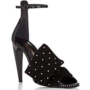 NWT Saint Laurent Freja suede bow crystal open toe heels black 9.5 EUR 39.5
